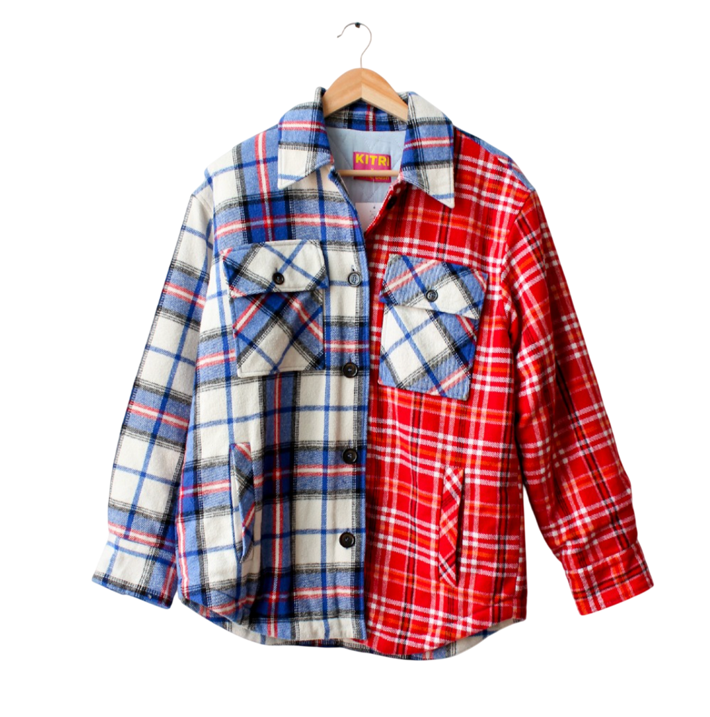 Kitri X JESSIE BUSH Red/Blue Miranda Mixed Check Plaid Jacket ShacketUK M