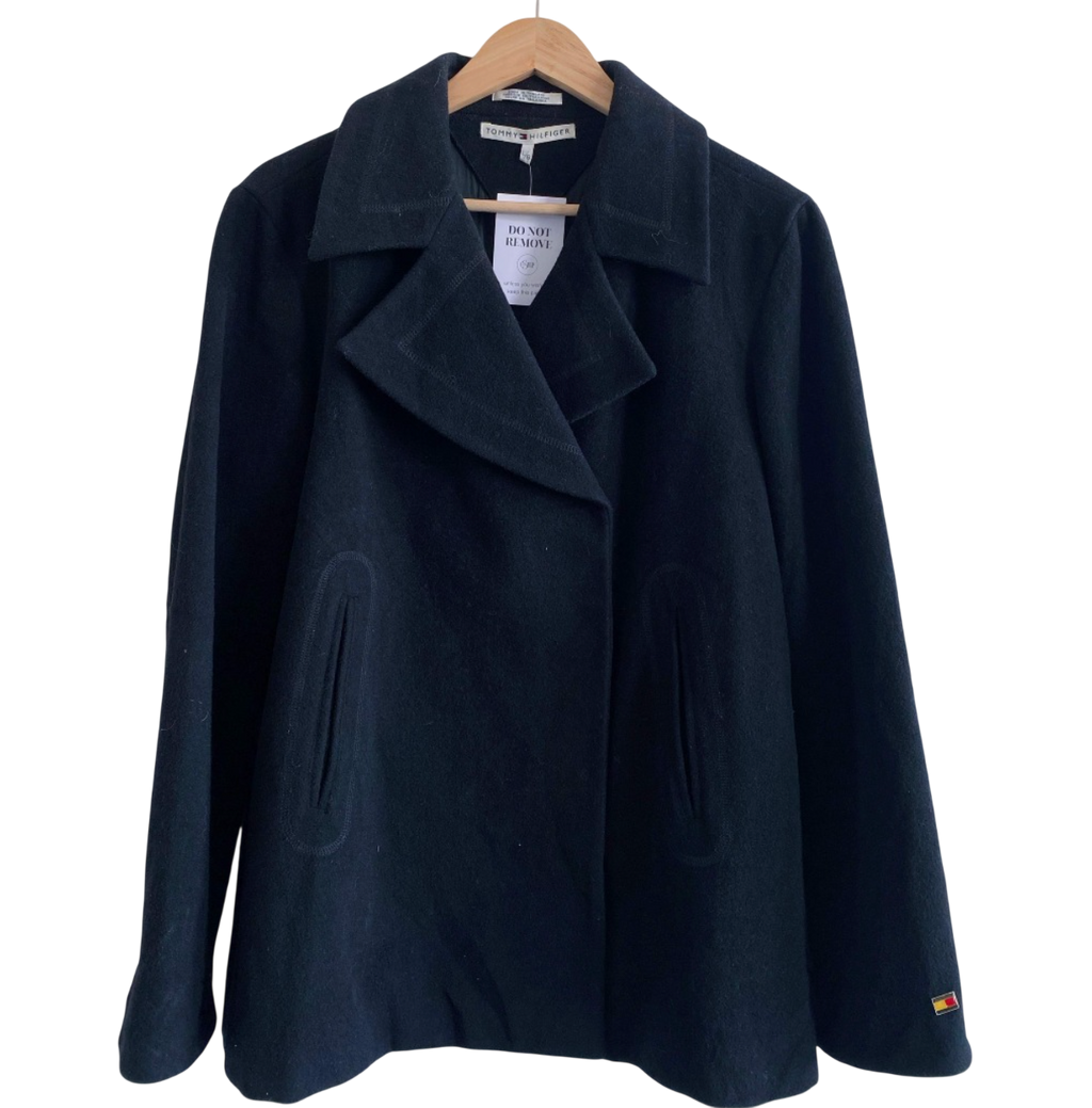 Tommy Hilfiger Black Wool Double Breasted Peacoat UK L
