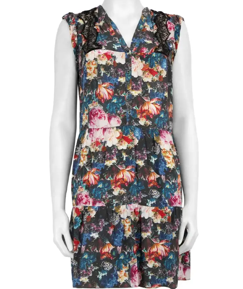 Sandro Blue Floral 100% Silk Dress With Lace Inset Shoulders Sz2 UK 10