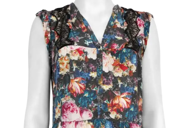 Sandro Blue Floral 100% Silk Dress With Lace Inset Shoulders Sz2 UK 10