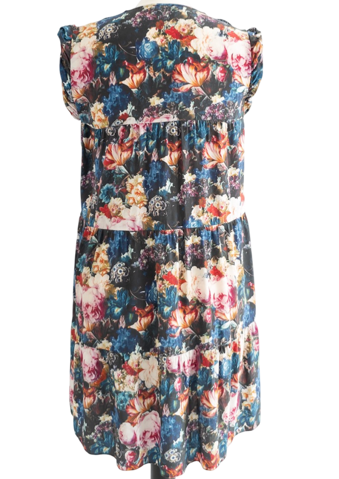 Sandro Blue Floral 100% Silk Dress With Lace Inset Shoulders Sz2 UK 10