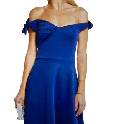 SALONI Blue Ruth Off-the-shoulder Knotted Neoprene Midi Dress UK 14