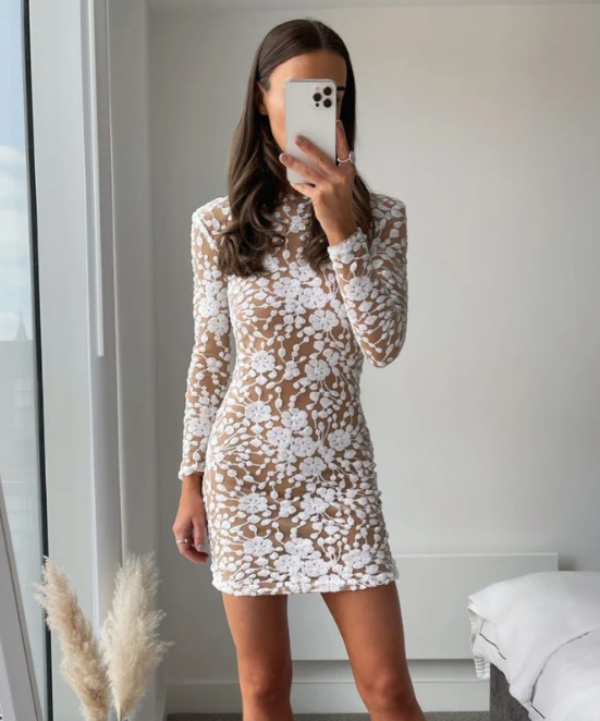 Nadine Merabi White Ana Long Sleeve Sequin Floral Embellished Mini Dress UK M