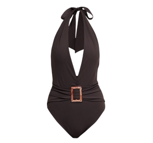 KIKKI-G Nada Deep Plunge Chocolate Brown Halterneck Swimsuit UK S