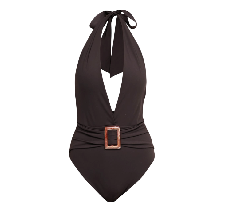 KIKKI-G Nada Deep Plunge Chocolate Brown Halterneck Swimsuit UK S