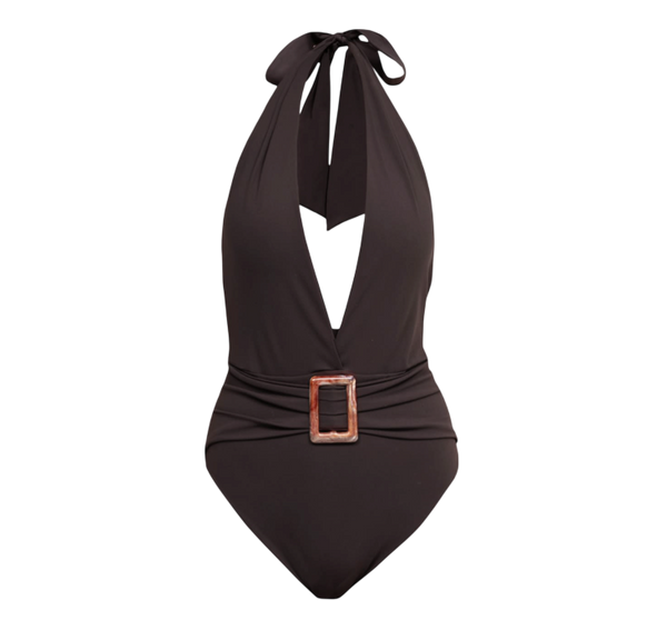 KIKKI-G Nada Deep Plunge Chocolate Brown Halterneck Swimsuit UK S