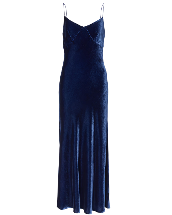 ASCENO Blue Alberta Silk Velvet Slip Dress UK S
