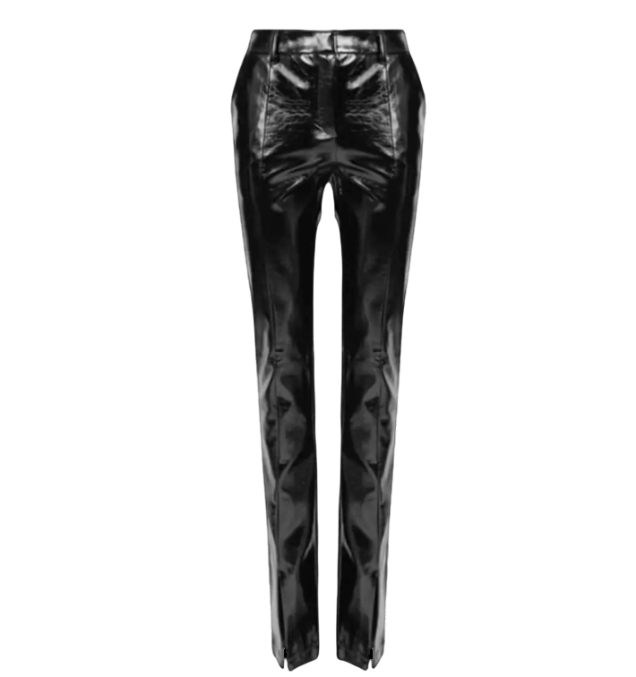 DE LA VALI Black Faux Patent Vegan Leather Ankle Slit Trousers UK 8