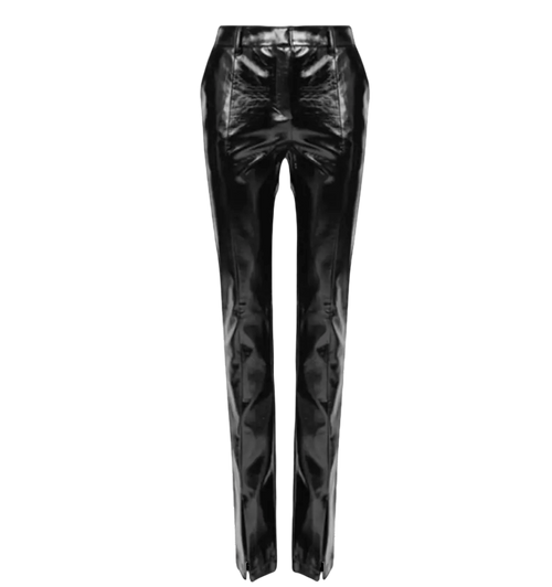 DE LA VALI Black Faux Patent Vegan Leather Ankle Slit Trousers UK 8