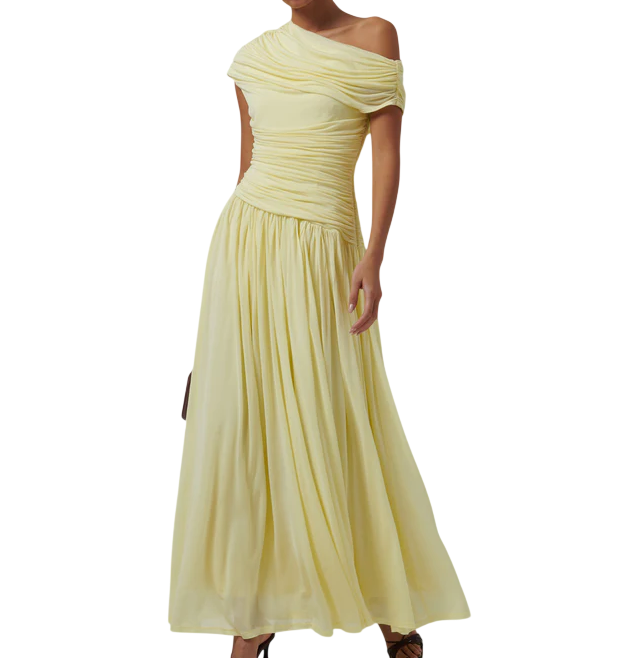 SIMKHAI Yellow Pale Lemon Rhiannon Gathered Jersey Maxi Dress Us6 UK 10