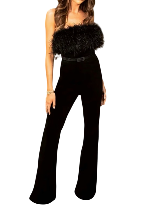 NADINE MERABI Black Velvet Feather Trim Jumpsuit Uk 6 UK XS