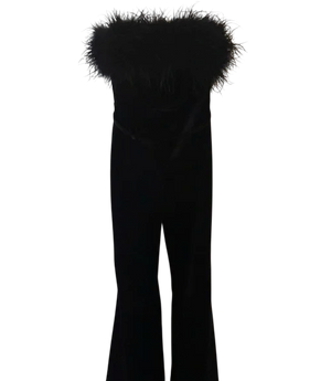 NADINE MERABI Black Velvet Feather Trim Jumpsuit Uk 6 UK XS