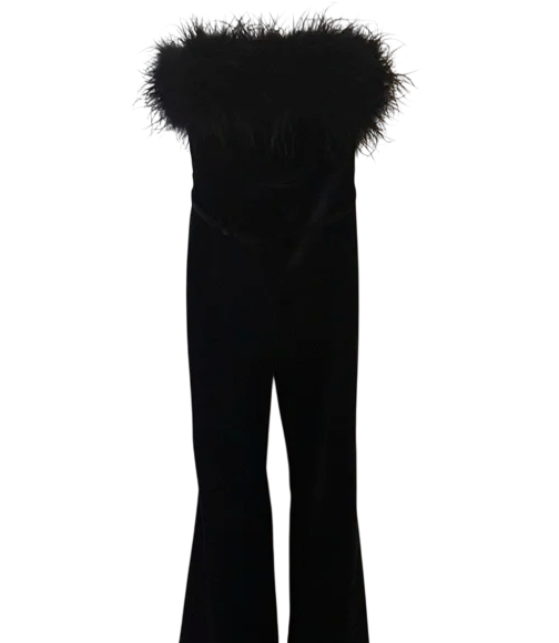 NADINE MERABI Black Velvet Feather Trim Jumpsuit Uk 6 UK XS
