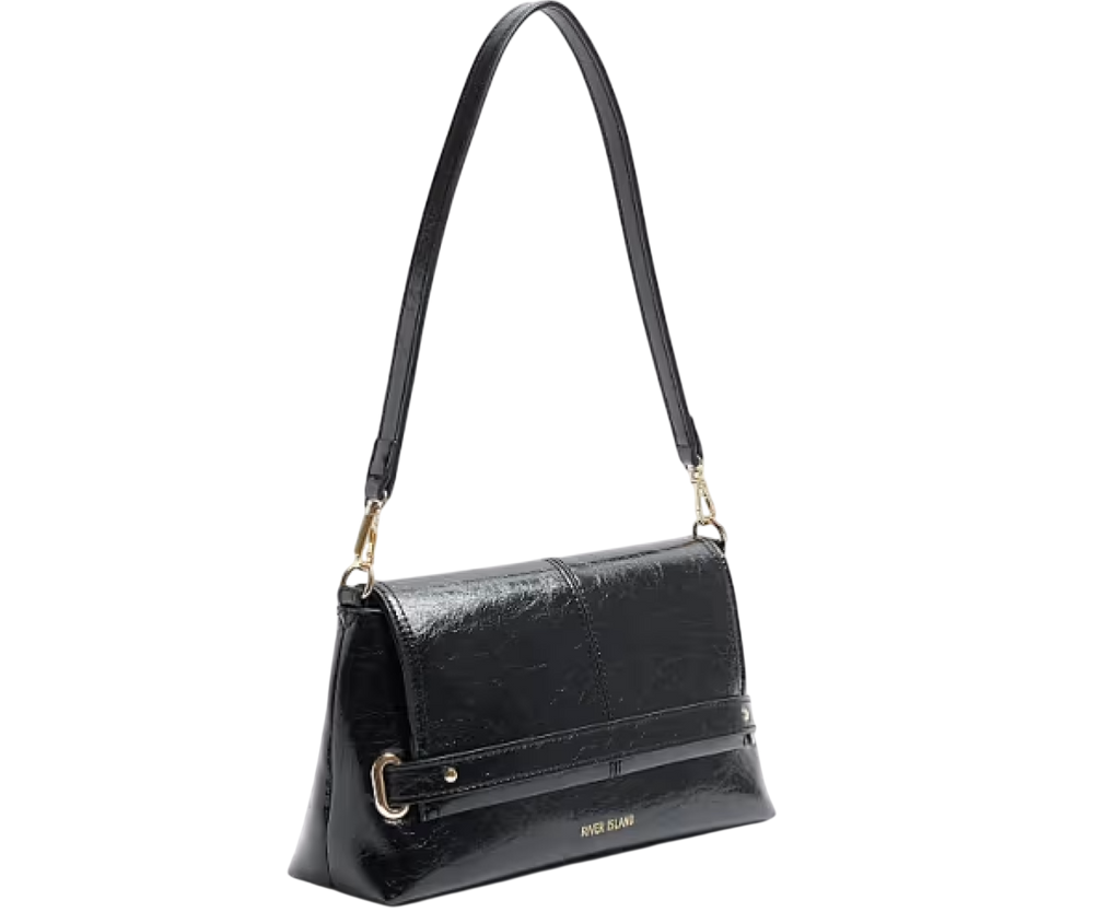 River Island Black Patent Shoulder Bag With Gold Hardware