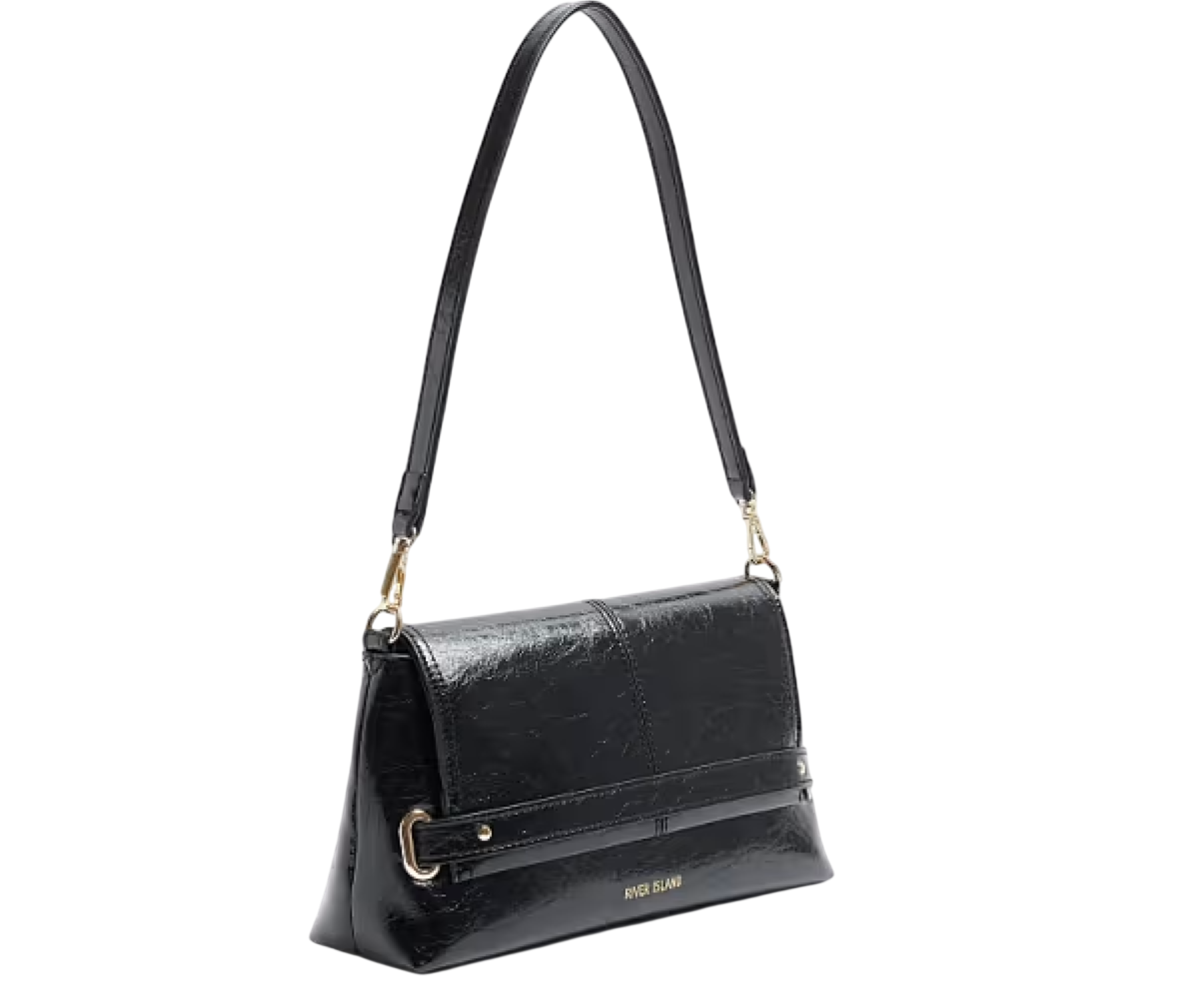 River Island Black Patent Shoulder Bag With Gold Hardware