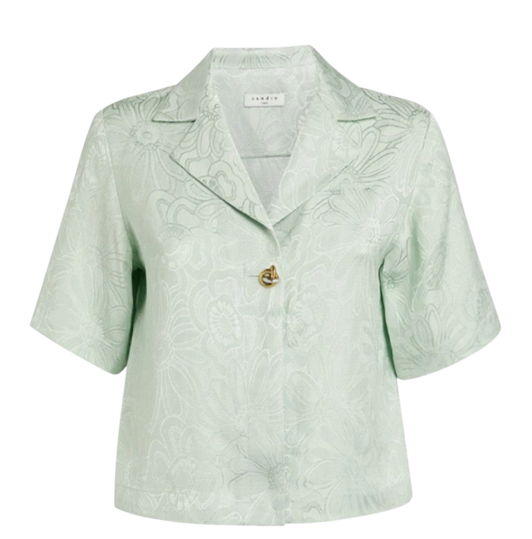 Sandro Ameline Mint Green cropped jacquard woven shirt UK 8