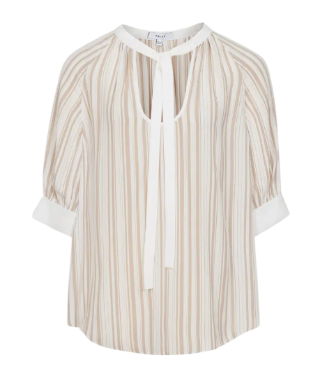 REISS Beige White Sydney Striped Puff Sleeve Blouse UK 8