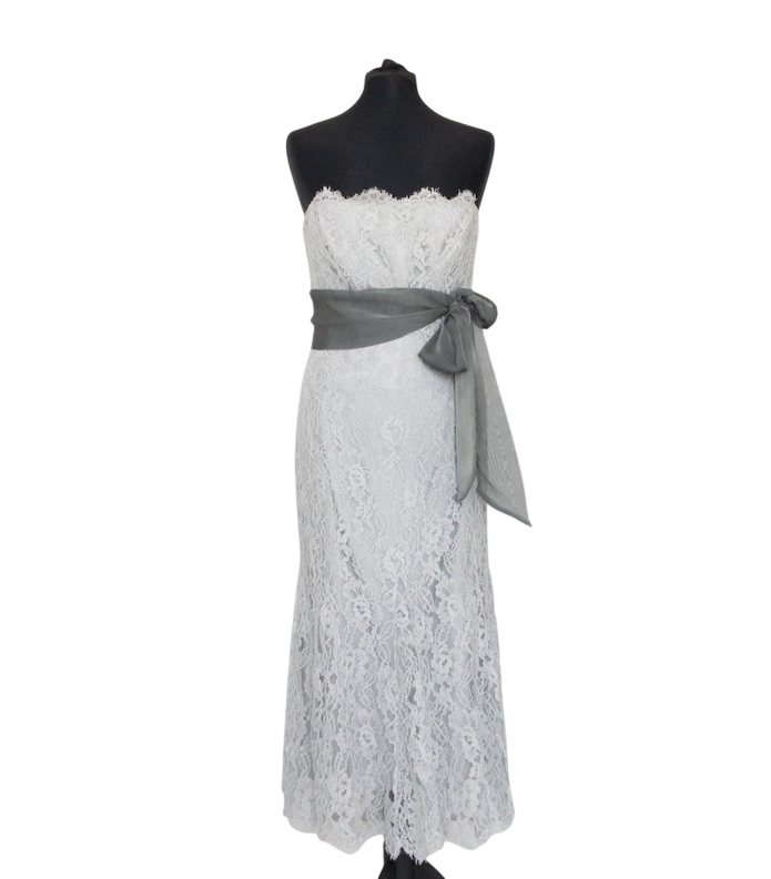 Paddy Campbell Dove Grey Strapless Lace Maxi Dress With Chiffon Tie &  Shawl UK 12