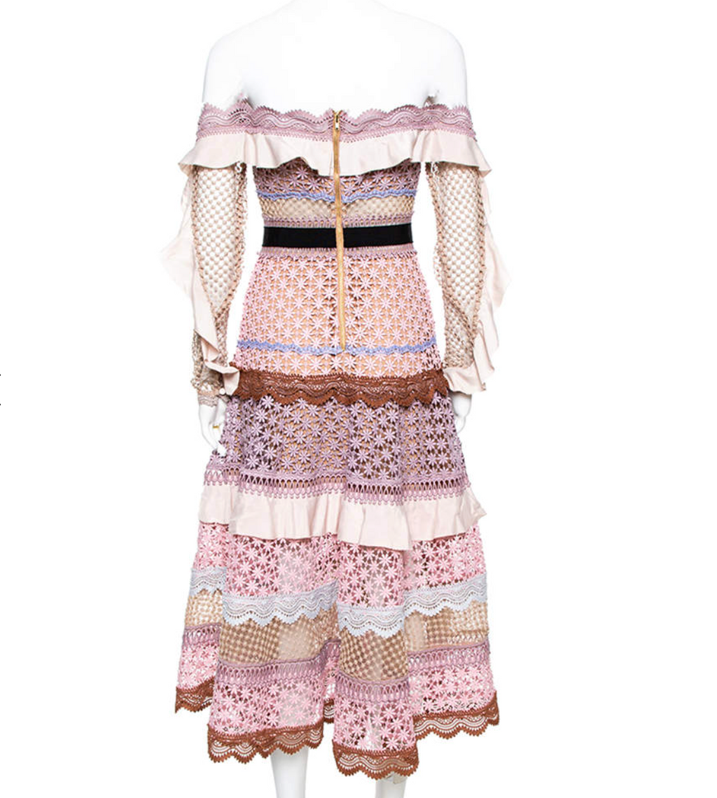 Self-Portrait Pink Guipure Lace Bellis Off Shoulder Dress UK 8
