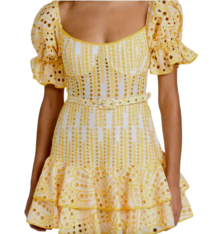 CHARO RUIZ IBIZA Yellow Jean Broderie Puff Sleeve Belted Mini Dress UK S