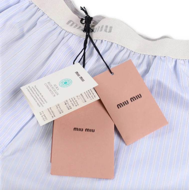 MIU MIU Blue & White Striped Logo Waistband Shorts With Pockets Sz2 UK M