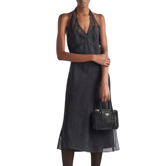 PRADA Black Re-edition 1995 Silk Organza Embroidered Logo Halterneck Dress IT40 UK 12