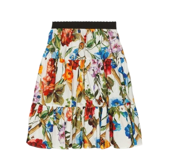 DOLCE & GABBANA Multicoloured Floral Cotton Poplin Tiered Knee Length Skirt UK 6