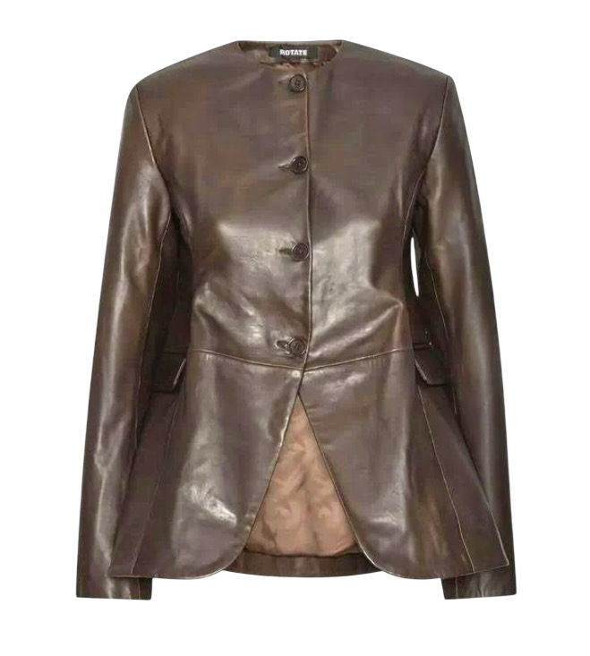 ROTATE BY BIRGER CHRISTENSEN Chocolate Brown 100% Lamb Leather Flared Leather Jacket De36 UK 8