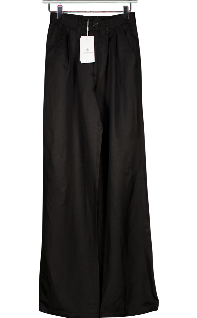 ANINE BING Black Carrie Linen Blend Pleated Wide Leg Trousers Sz32 UK XXS-XS
