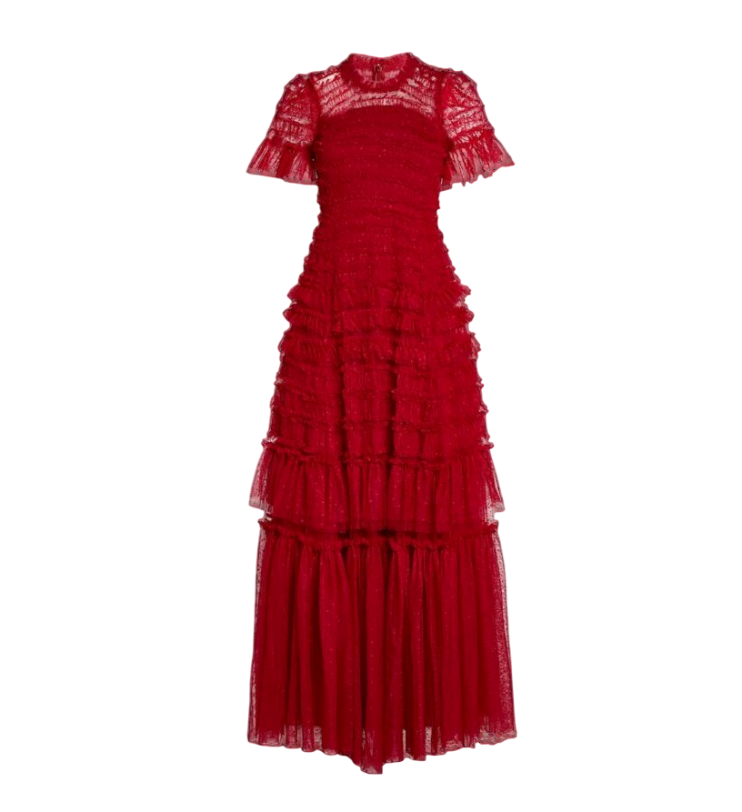 NEEDLE & THREAD Red Valentine Tulle Ruffle Gown UK 10