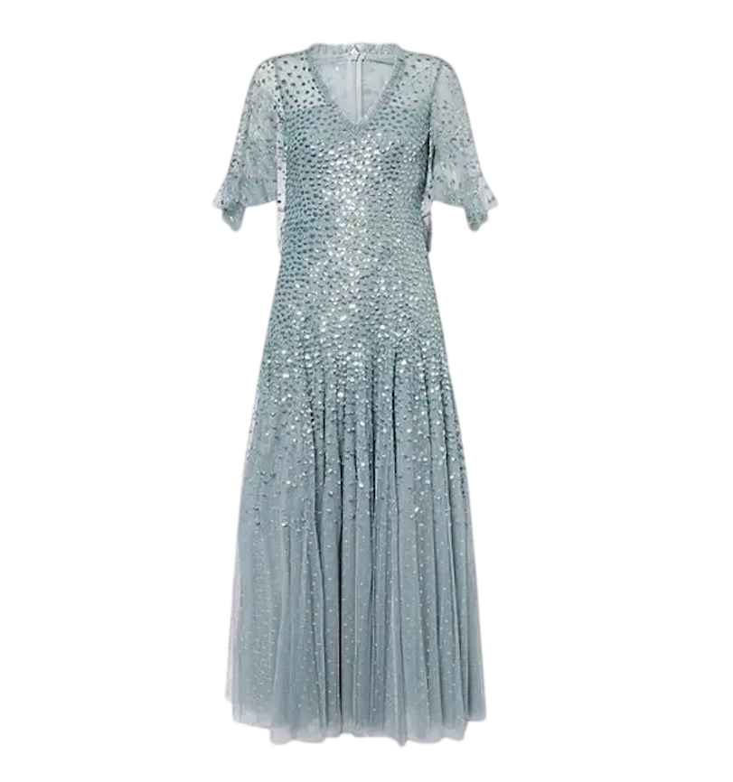 NEEDLE & THREAD Thistle Blue Dappled Sequin Cape Ankle Gown UK 10