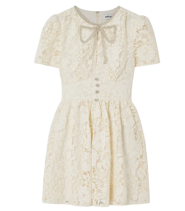 SELF PORTRAIT Cream Embellished Corded Guipure Lace Mini Dress UK 10