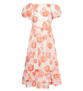 Dream Sister Jane White / Coral Willa Jacquard Woven Puff Sleeve  Midi Dress UK XS