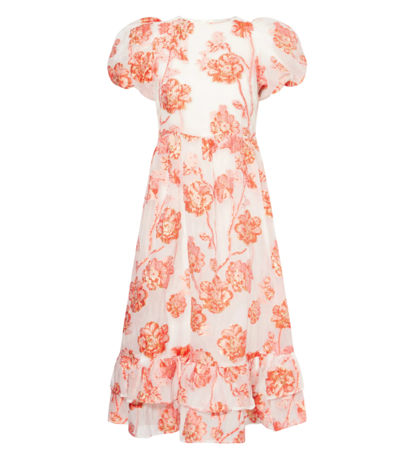 Dream Sister Jane White / Coral Willa Jacquard Woven Puff Sleeve  Midi Dress UK XS