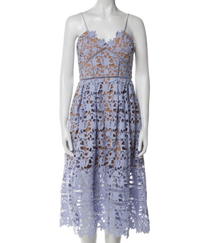 SELF PORTRAIT Lilac Blue Azaelea Floral-embroidered Woven Midi Dress UK 16