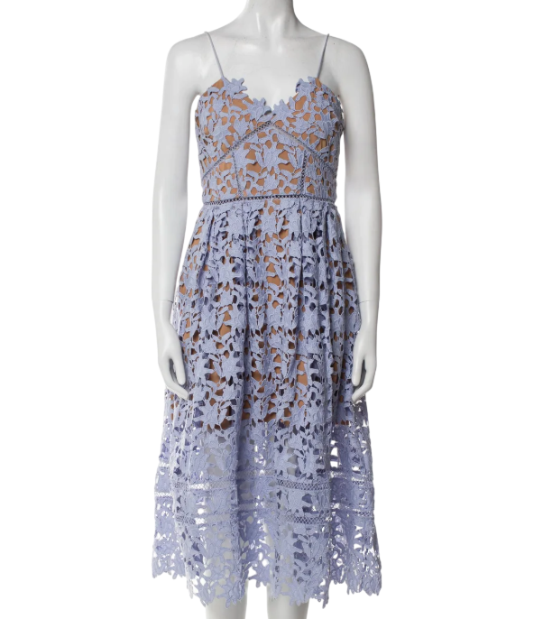SELF PORTRAIT Lilac Blue Azaelea Floral-embroidered Woven Midi Dress UK 16