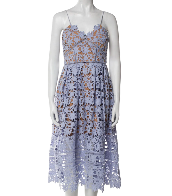SELF PORTRAIT Lilac Blue Azaelea Floral-embroidered Woven Midi Dress UK 16
