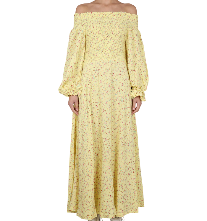 ROTATE BIRGER CHRISTENSEN Lemon Yellow Ditsy Floral Shirred On/ Off The Shoulder Viscose Maxi Dress UK 14