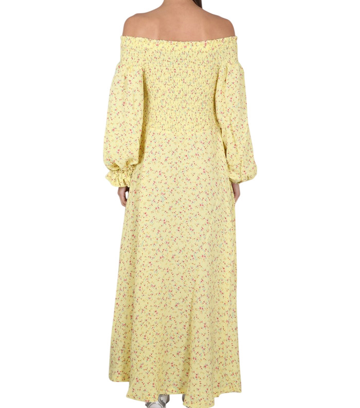 ROTATE BIRGER CHRISTENSEN Lemon Yellow Ditsy Floral Shirred On/ Off The Shoulder Viscose Maxi Dress UK 14
