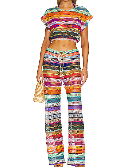 PQ SWIM Multicoloured 2-piece Stripe Renee Crochet Crop Top And Bree Trouser Cover Up Set UK XS/S