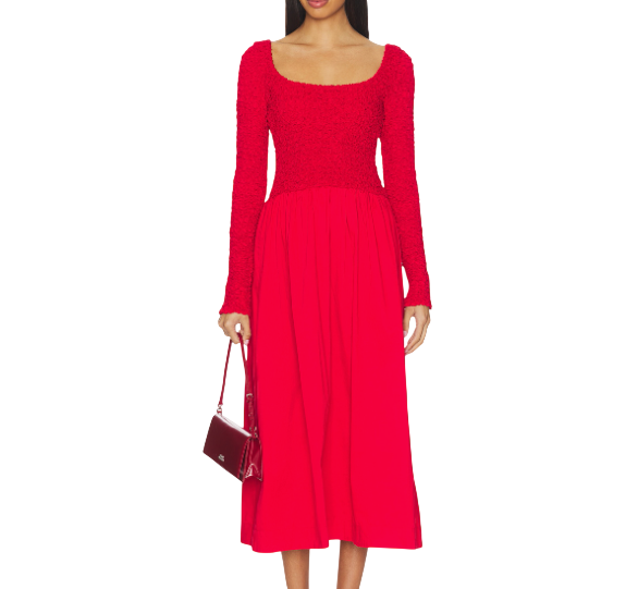 DAMSON MADDER Red 100% Organic cotton Smocked Top Midi Dress UK 6