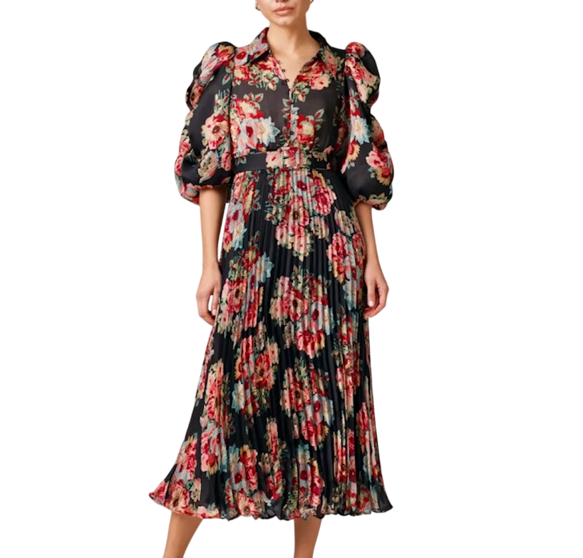 ByTIMO Black Dark Blossom Loral Print Puff Sleeve Midi Dress UK M