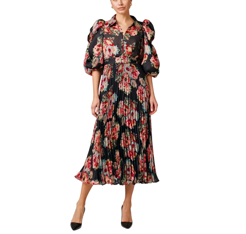 ByTIMO Black Dark Blossom Loral Print Puff Sleeve Midi Dress UK M