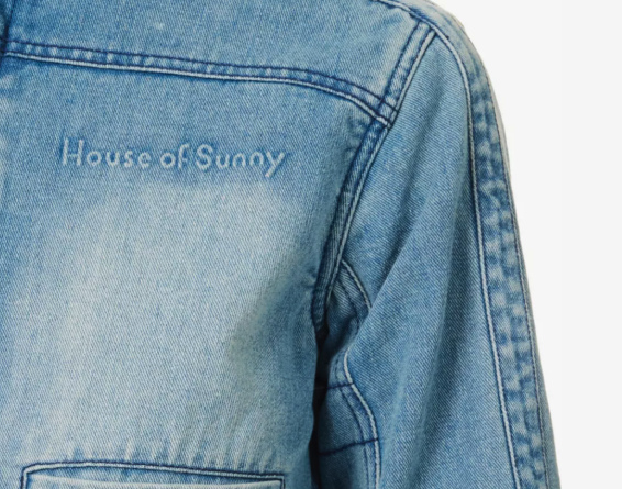 HOUSE OF SUNNY Blue Take A Trip Text-embossed Denim-blend Jacket UK 8