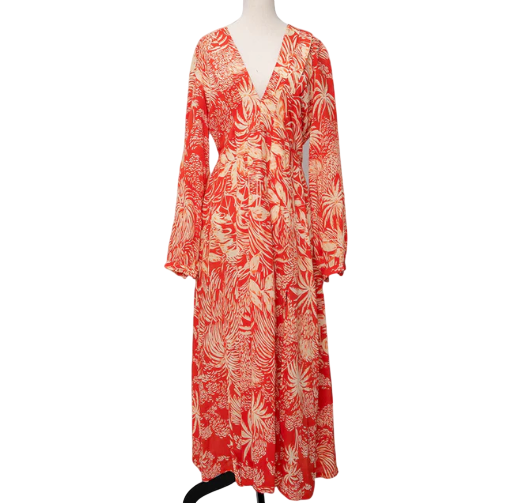 RIXO Orange Proange Floral Print Camellia Silk Midi Dress UK S