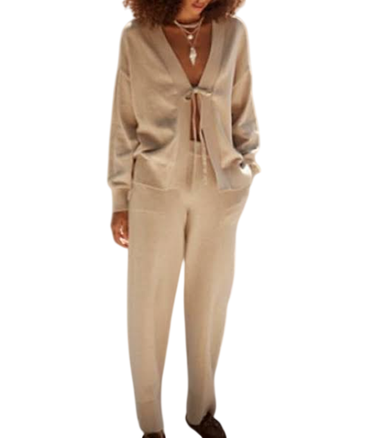 FREE PEOPLE Beach 2-piece Knitted Beige Solar Sweater Lounge Set UK M