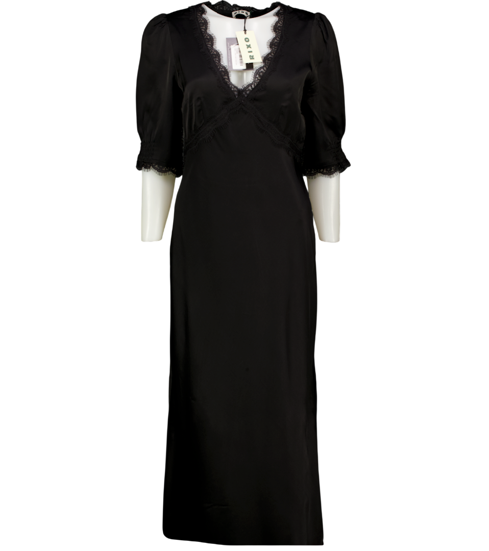 RIXO Black Annina Satin & Lace Trim Midi Dress UK 12