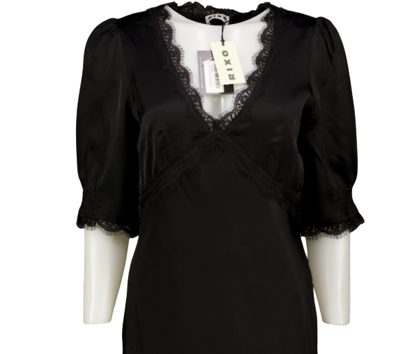 RIXO Black Annina Satin & Lace Trim Midi Dress UK 12