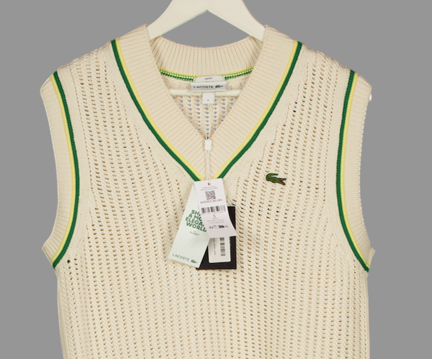 LACOSTE Cream Unisex Crochet Effect Cricket Sweater Vest - Cream/green/yellow UK S