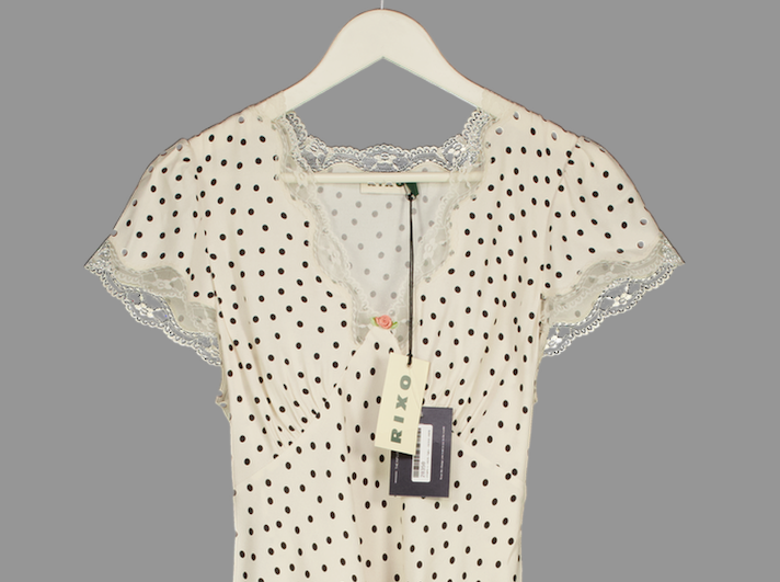 RIXO Layla Ivory / Black Dot Karia Lace Trim Top UK 12